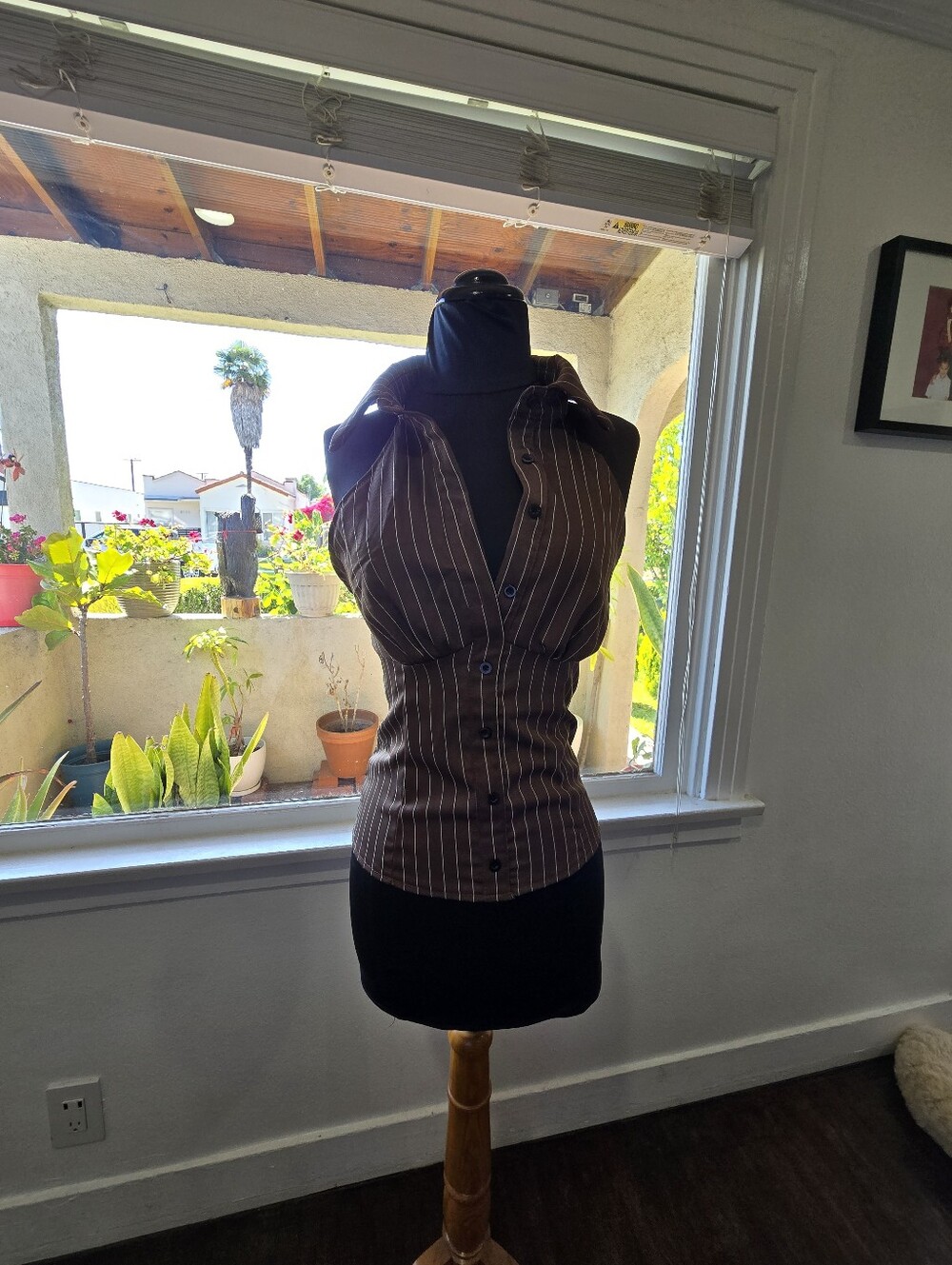 Y2k Brown Pinstripe Halter Button-Front Women's Top